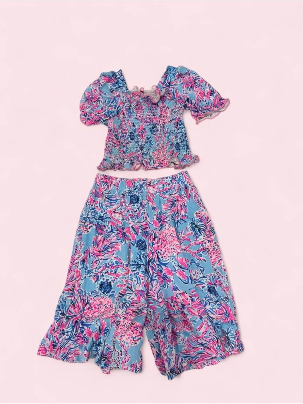 Girls' Blue & Pink Floral Matching Set - Smocked Top & Wide-Leg Pants